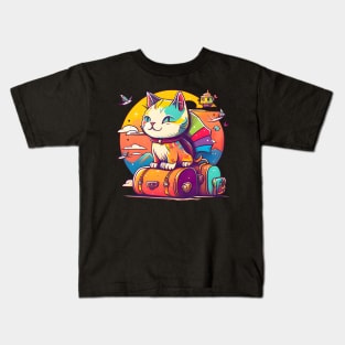 Colorful Cat Travel In The World - Funny Cats Kids T-Shirt